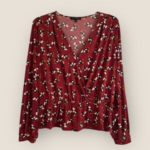 🌼 BR Brick Red w/ Multicolor Floral Print | Peplum Wrap Stretch Knit Top | Sz XL